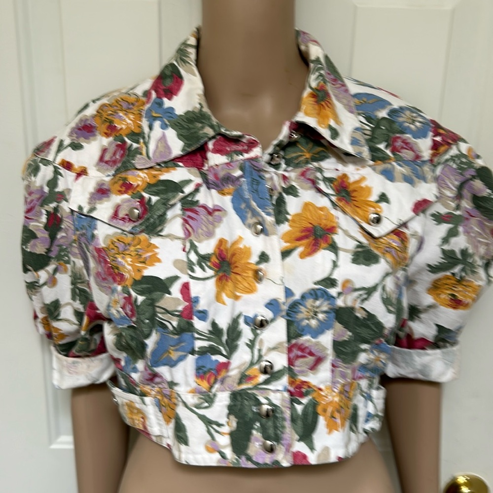 Vintage 80s Foxy Lady Cropped Short Puffy Sleeve Jacket Top Floral Print Sz 10